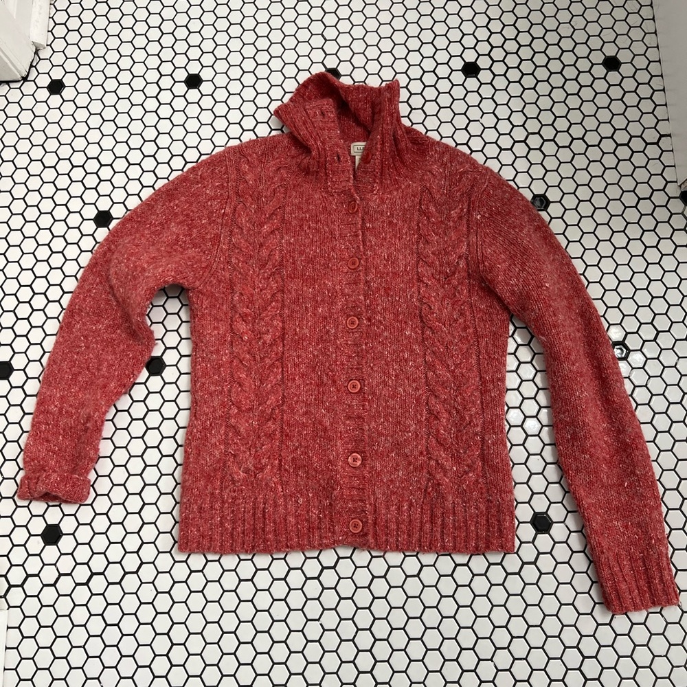 L.L. Bean Red Cable-Knit Button-Up Wool Blend Cardigan